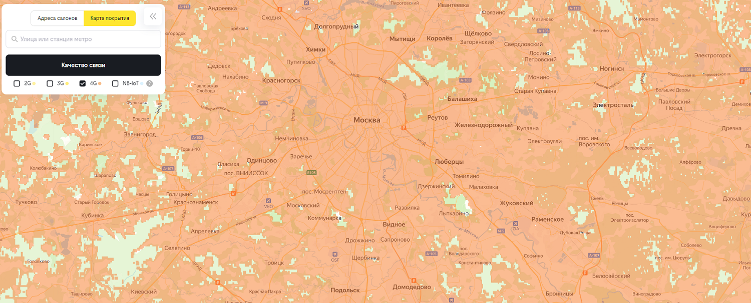 Карта покрытия 4G билайн в Московской области