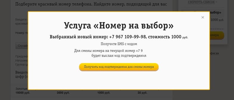 Подтверждение смены номера на сайте Билайн