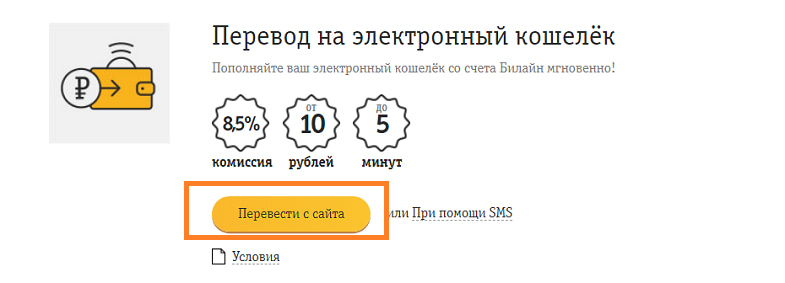 Переводы на электронные кошельки с сайта Билайн