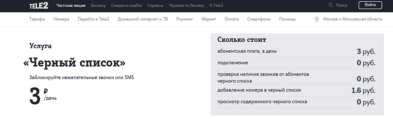 Услуга Теле2 "Черный список"