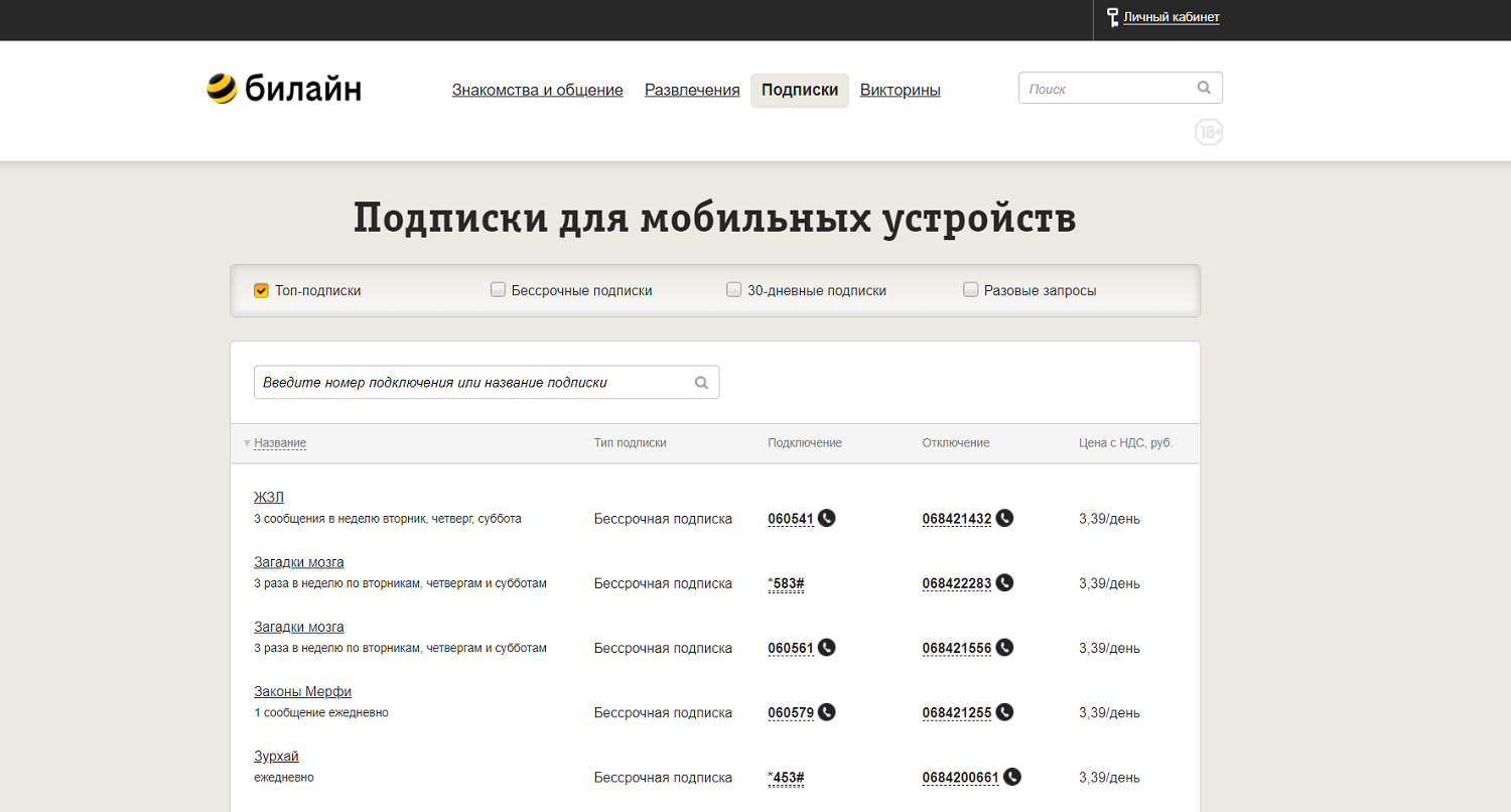 Бесплатные подписки билайн