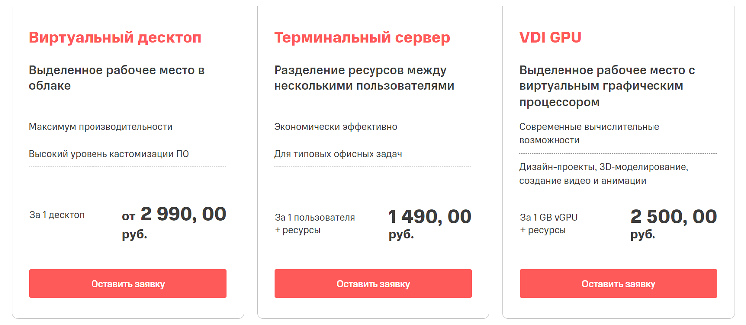 Стоимость услуги МТС "VDI Desktops"