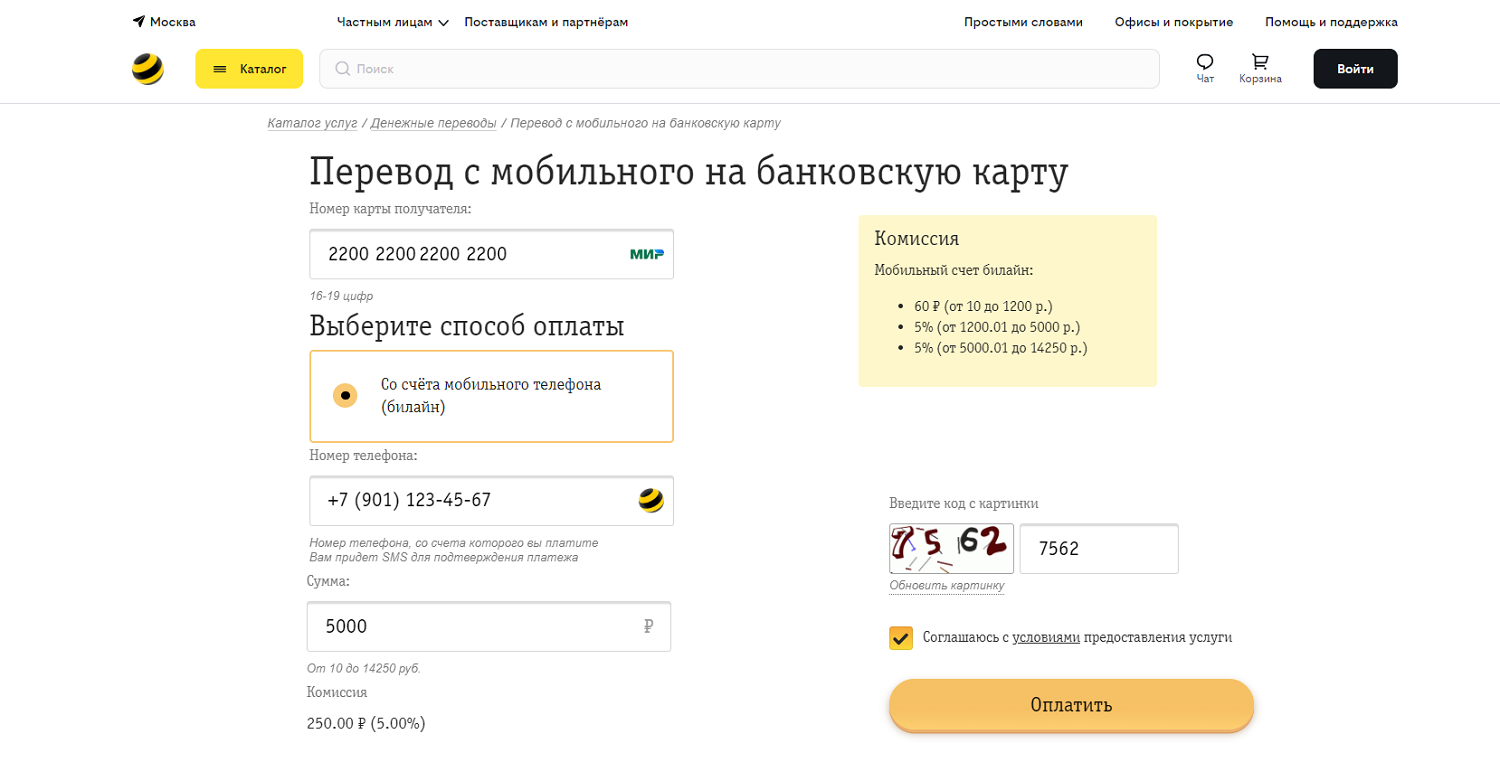 Как с мобильного билайн пополнить банковскую карту