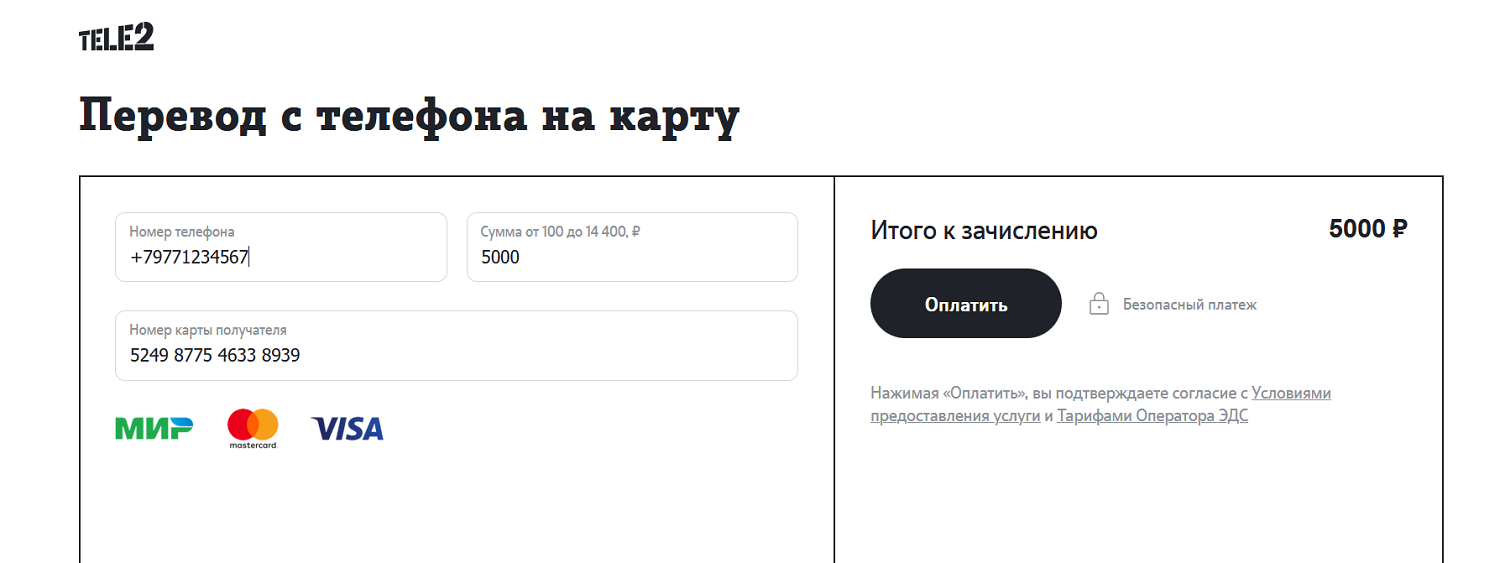Перевод с телефона Теле2 на банковскую карту