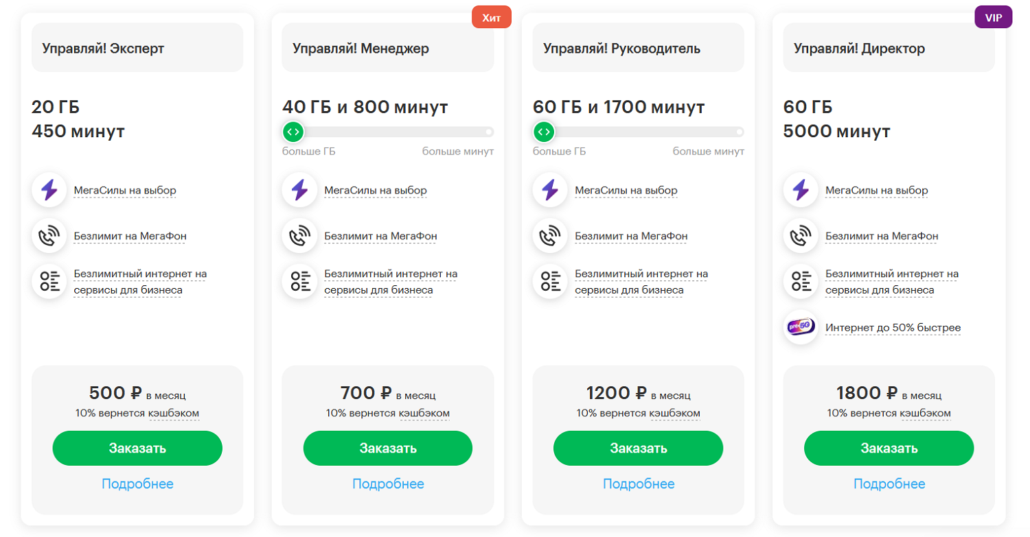 Тарифы МегаФон для бизнеса "Управляй!"