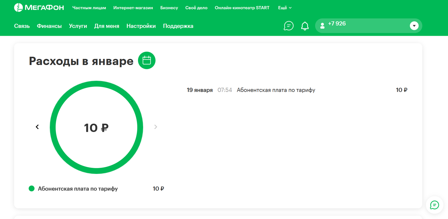 Последние списания абонплаты в личном кабинете на МегаФон