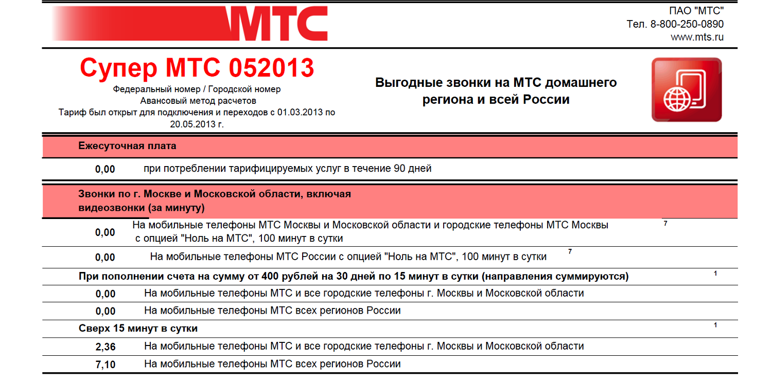 Архивный тариф "Супер МТС 052013"<br>