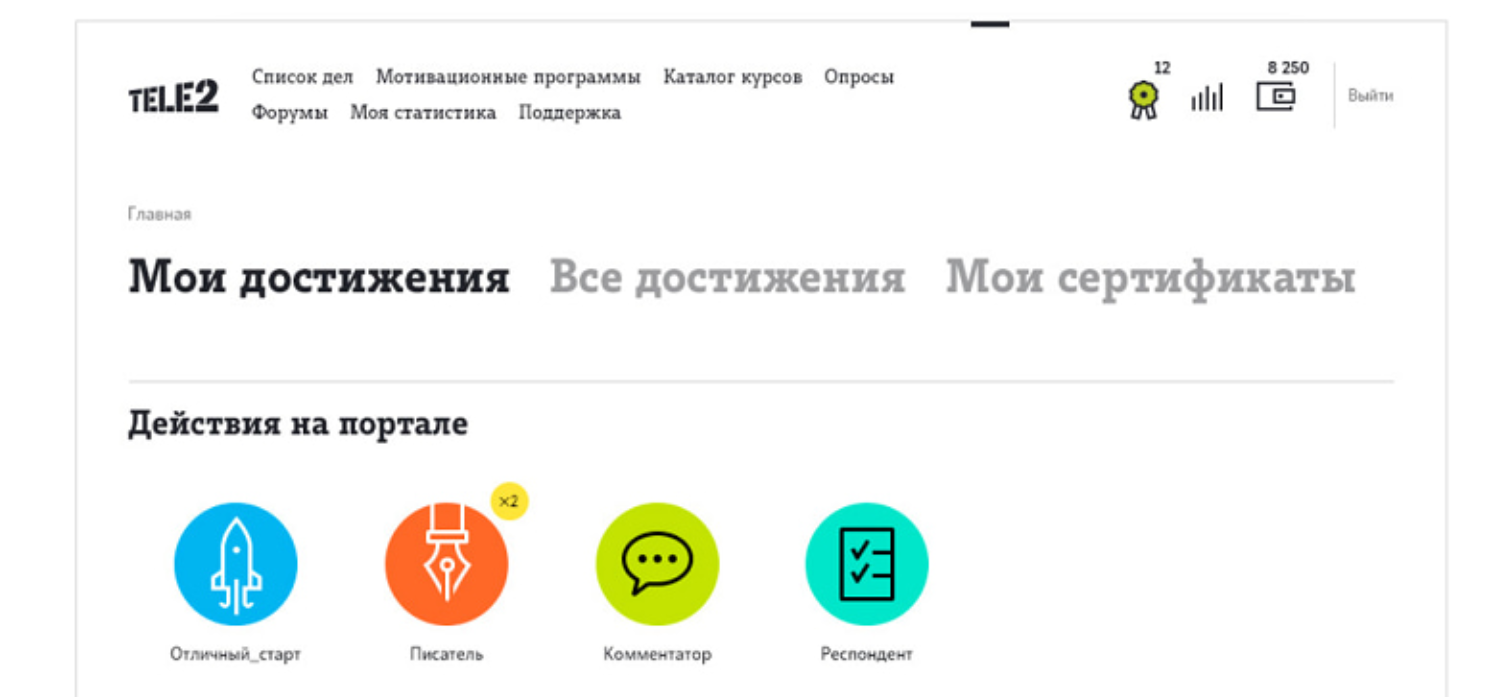 Бейджи достижений на учебном портале Теле2
