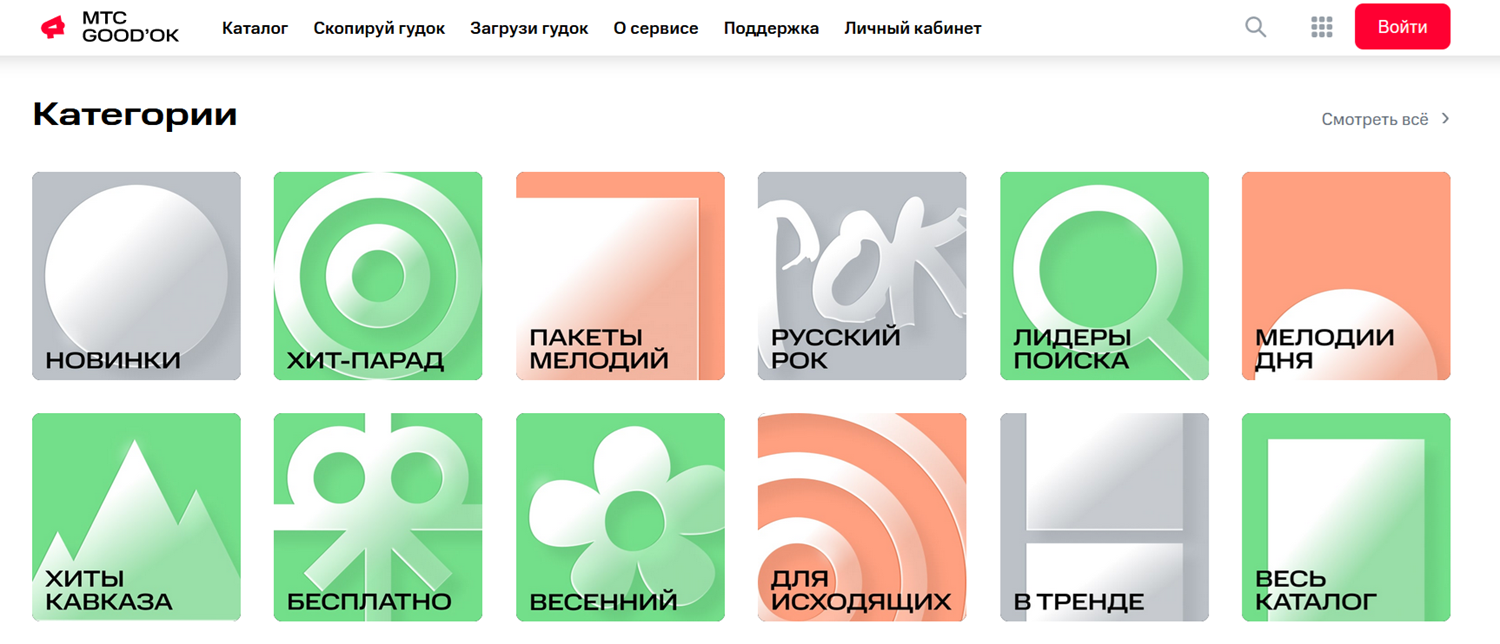 Категории каталога мелодий услуги МТС "Гудок"