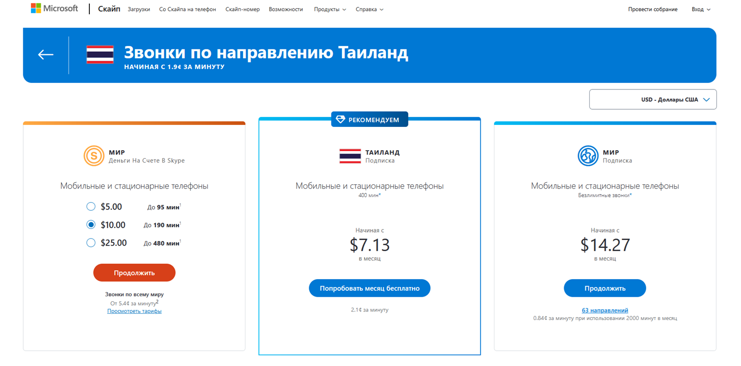 Стоимость звонков в Таилан через Skype<br>