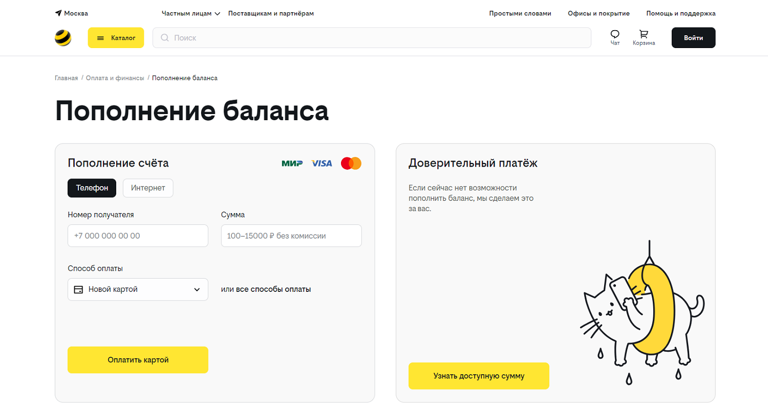 Пополнение баланса билайн через сайт банковской картой<br>