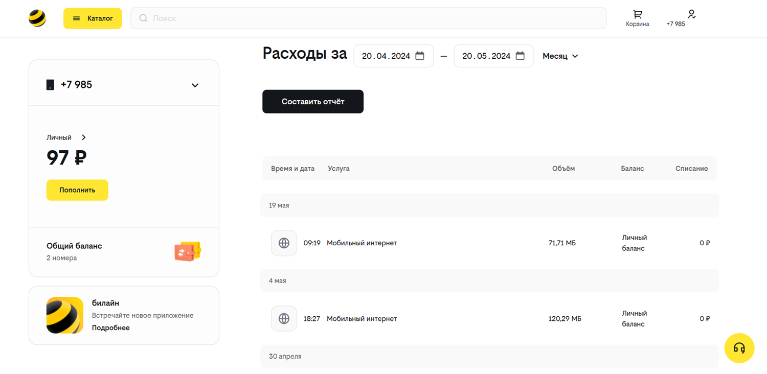 Детализация в личном кабинете билайн<br>