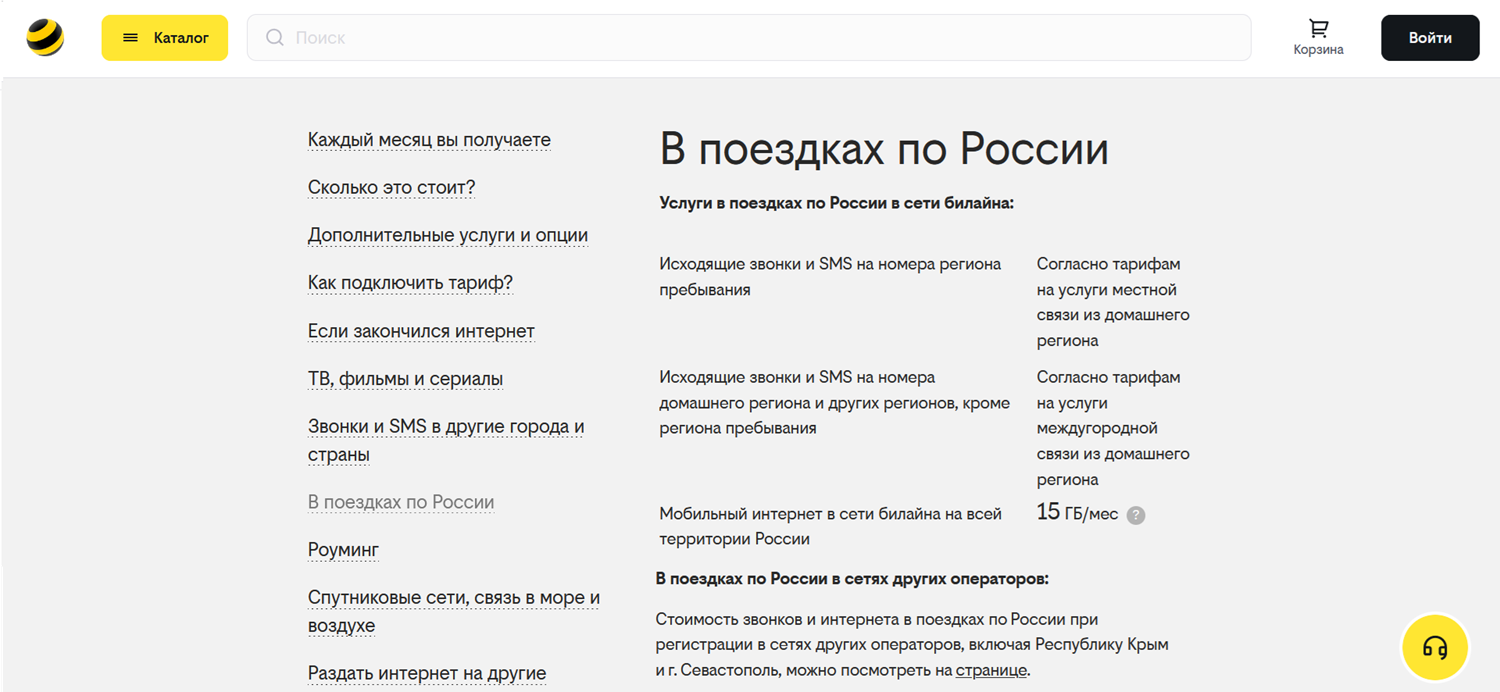 Условия тарифа билайн "СуперСИТИ" в сетях других операторов<br>