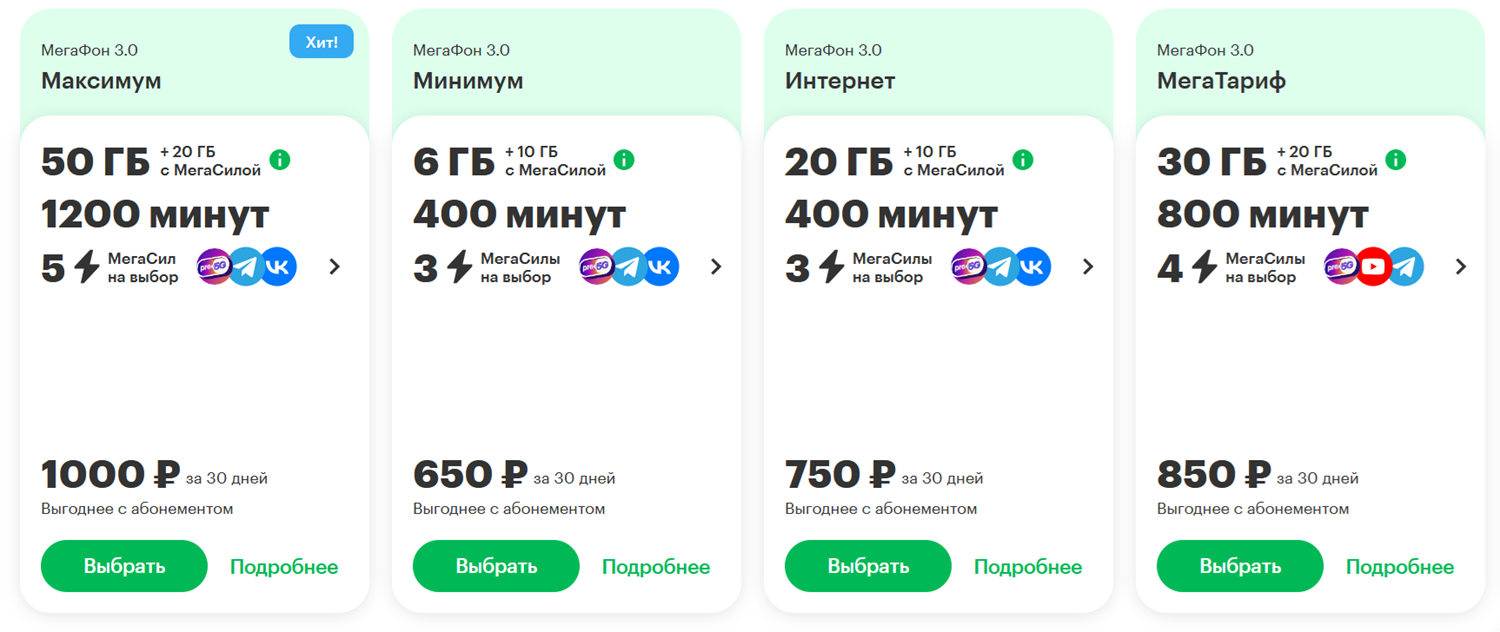 Пакетные тарифы с безлимитом внутри сети МегаФон
